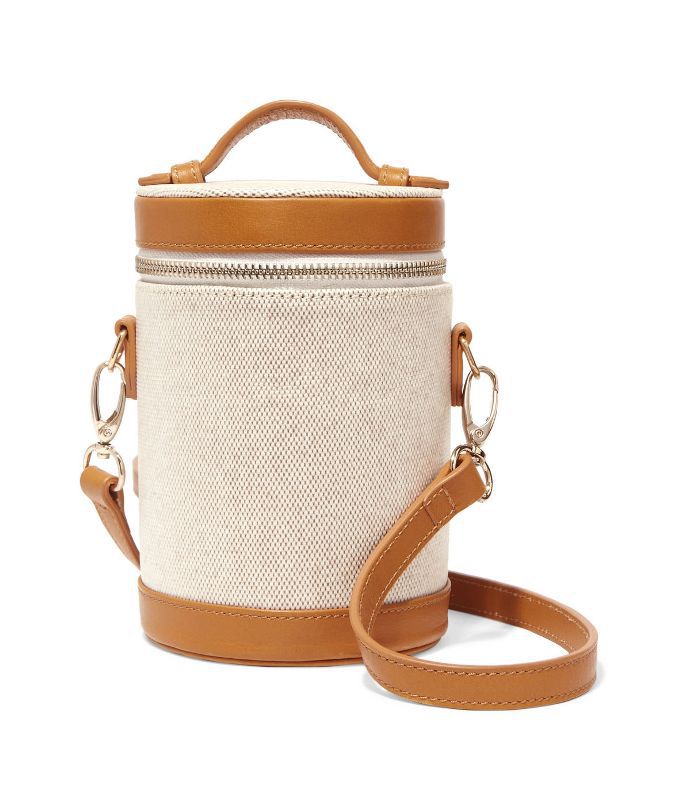 Crossbody胶囊皮革镶边帆布肩袋“class=