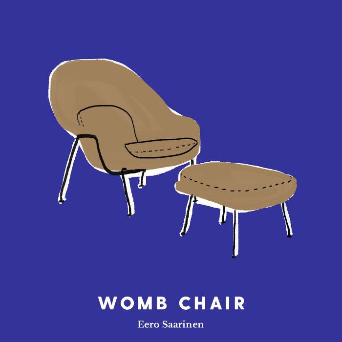 由Eero Saarinen在蓝色背景上画的棕色子宫椅。