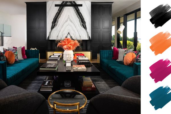 互补的色彩方案-大胆的客厅与孔雀，香橼，和紫红色的口音