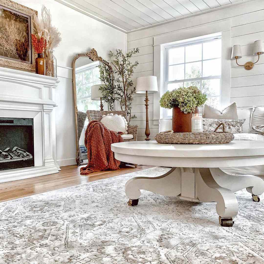 起居室，带Shipplap天花板