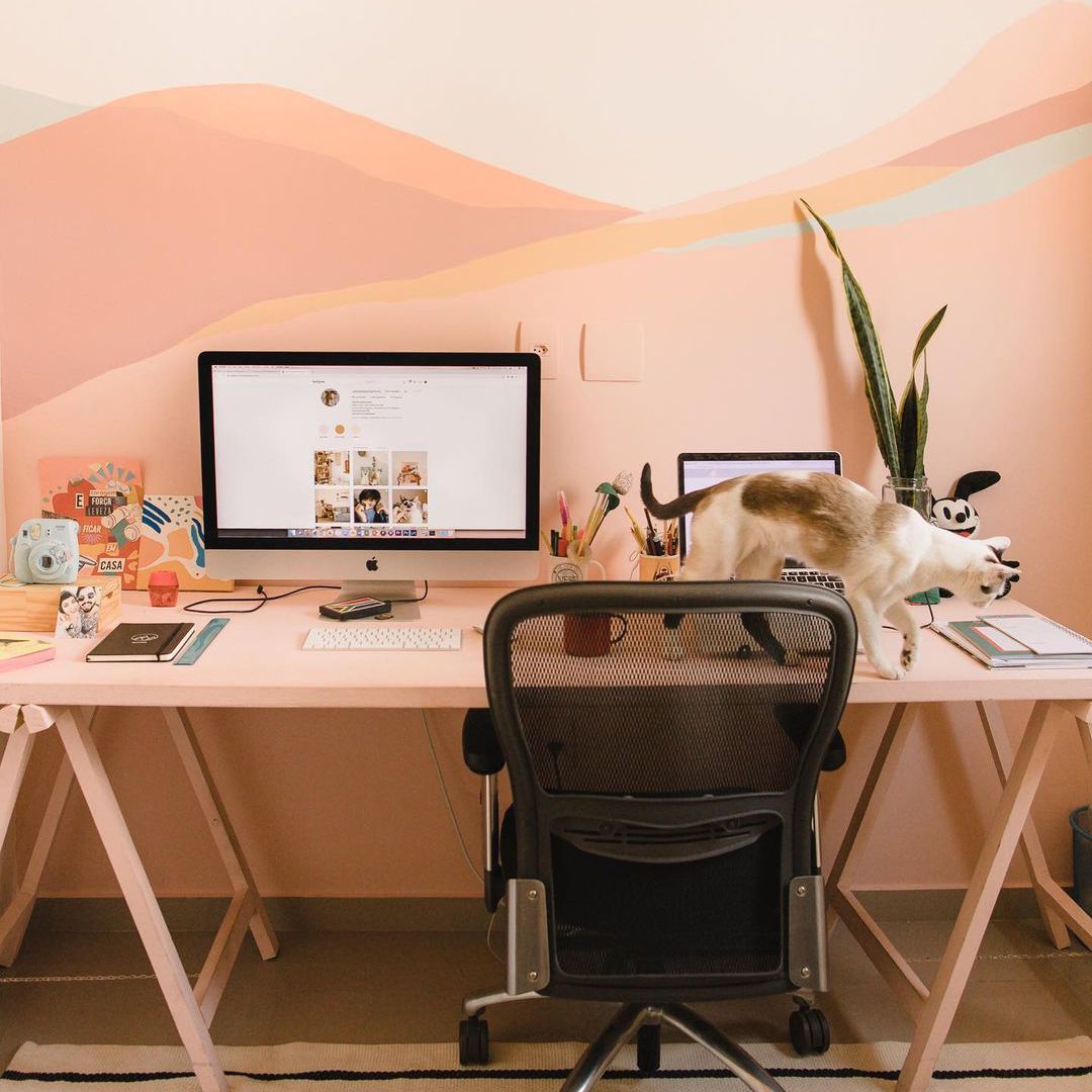 有橙色壁画的书桌后面