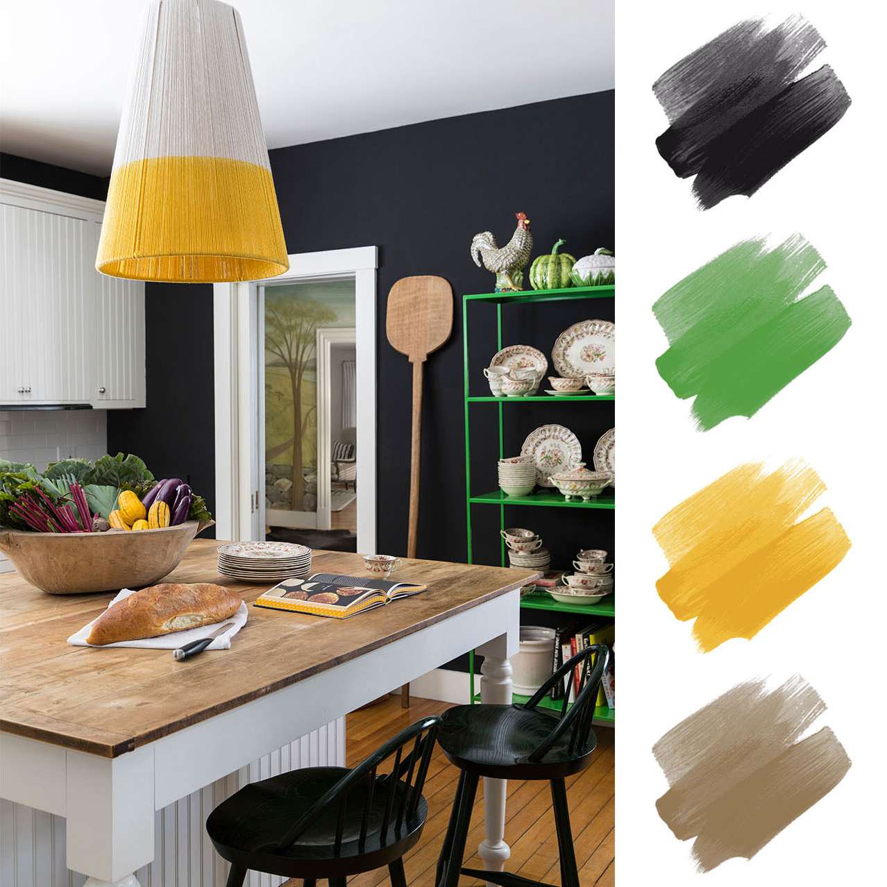 厨房配色方案——黑色、绿色和黄色
