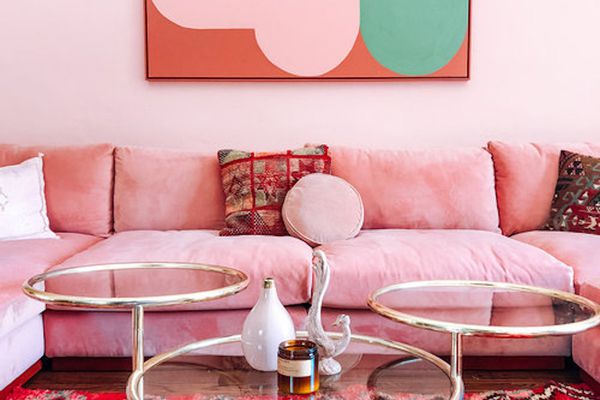 Pink velvet sofa.