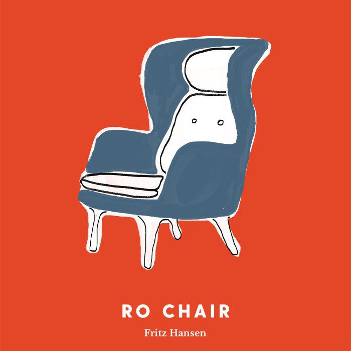由Fritz Hansen在红色背景上绘制的Ro椅子的线条。
