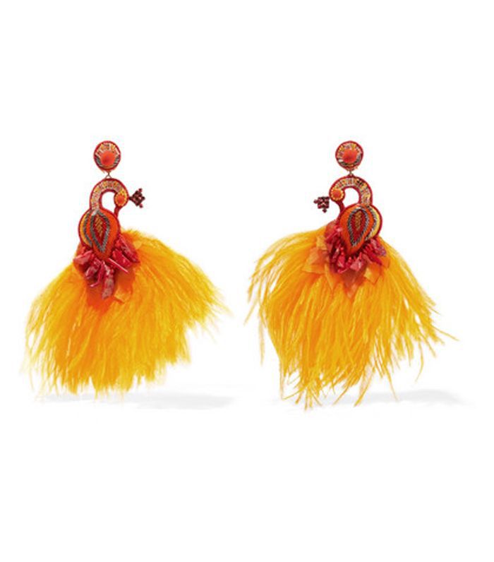 目鸟类羽毛和水晶夹耳环