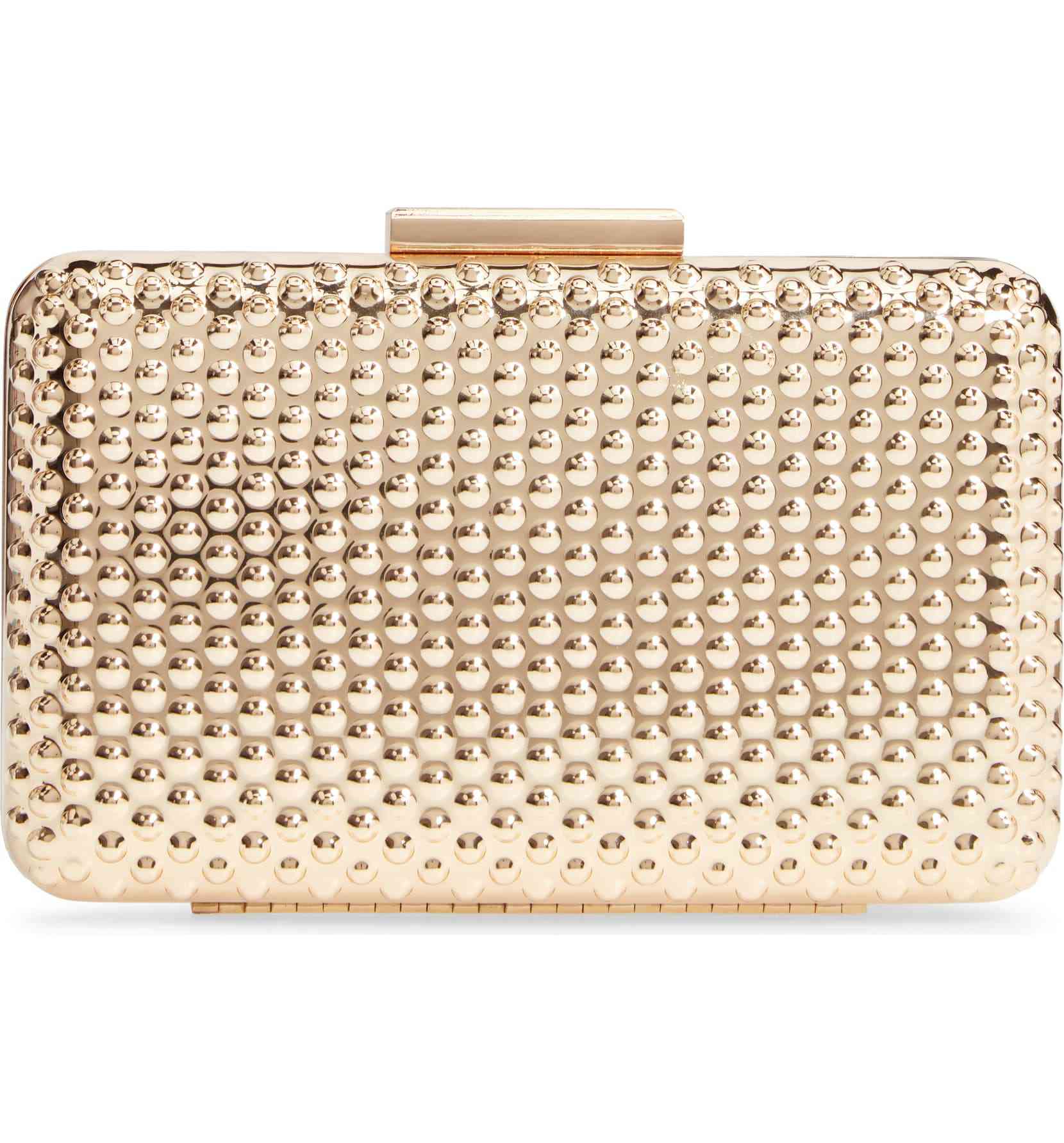 金色调箱形离合器钱包。