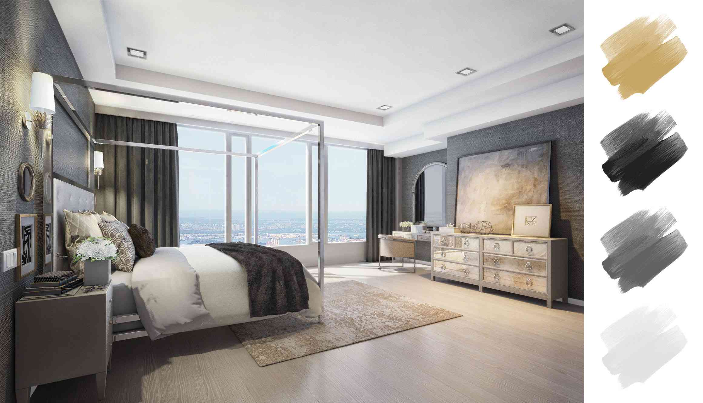 卧室配色方案——木炭色和金色