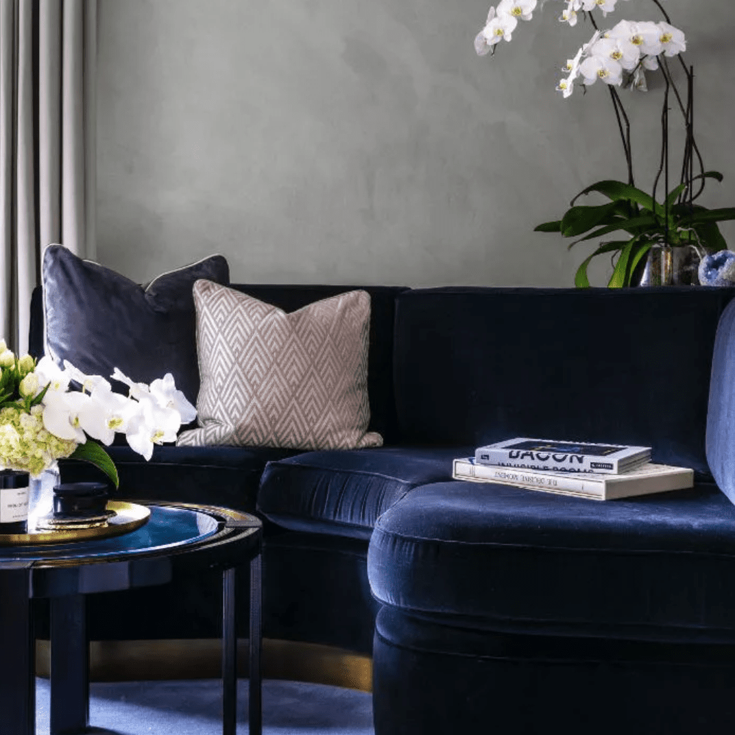 别致的办公室里有紫色调和两株白色兰花