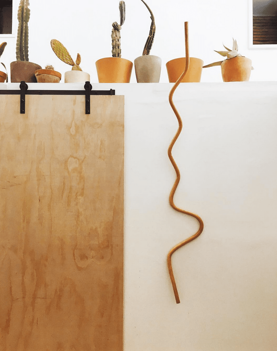 墙与种植仙人掌和一个抽象的弯弯曲曲的墙壁艺术作品。