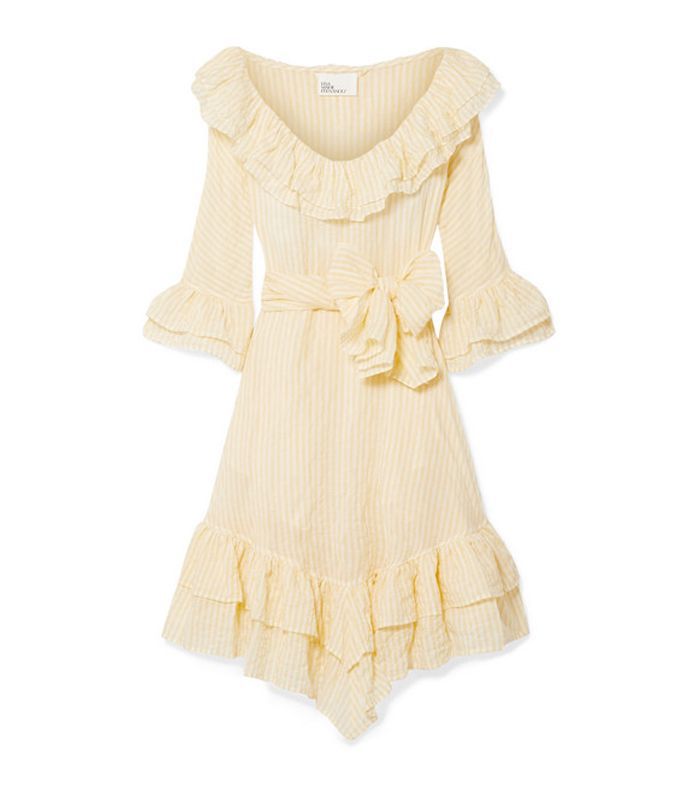 劳拉荷叶条纹皱纹棉花纱连衣裙