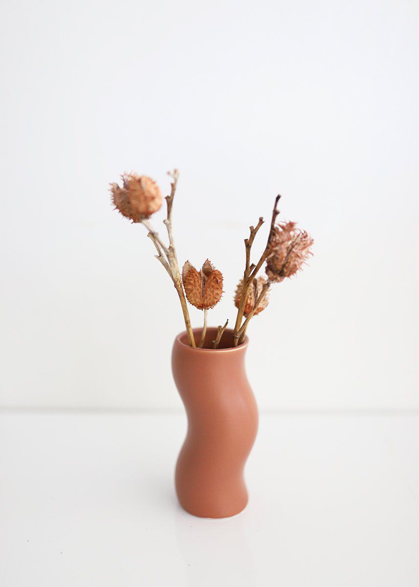 赤陶制成的花瓶，上面插着干花
