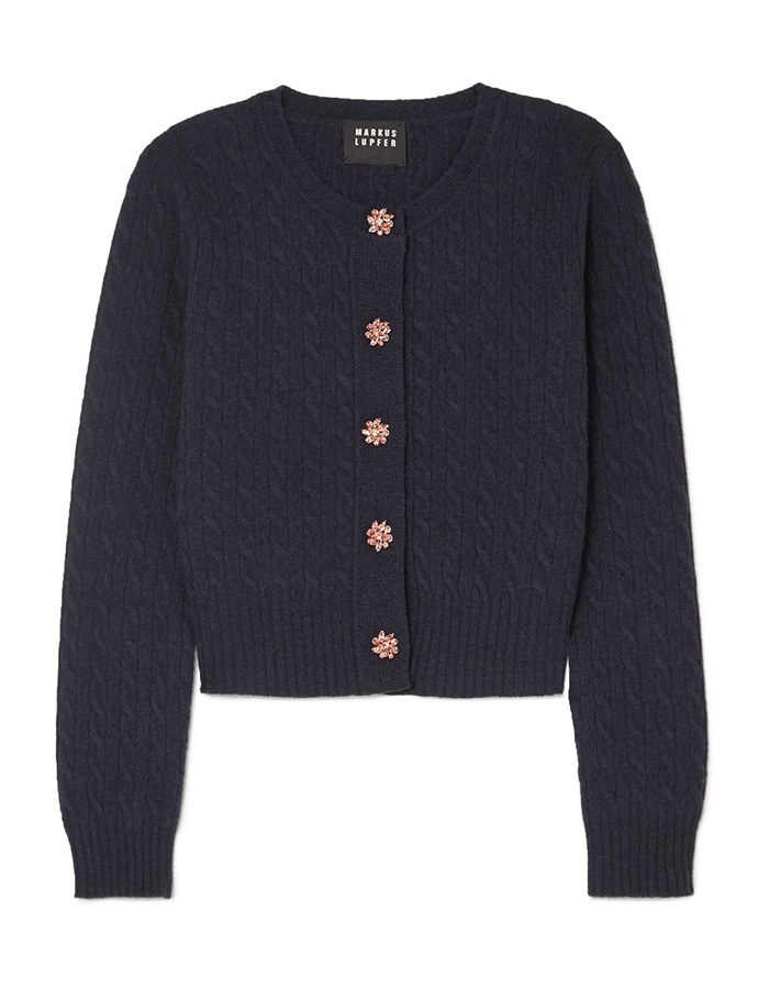 哈珀水晶装饰斜纹布针织羊毛开衫