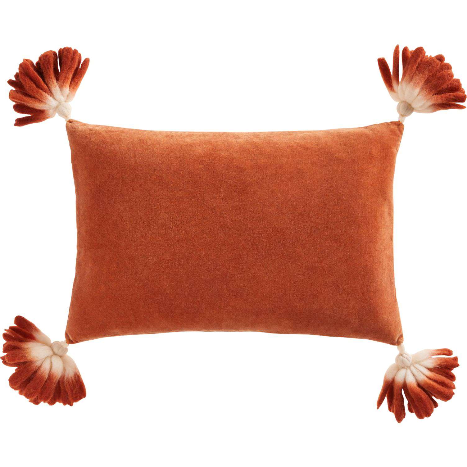 一个橙色天鹅绒腰枕与ombre流苏CB2。