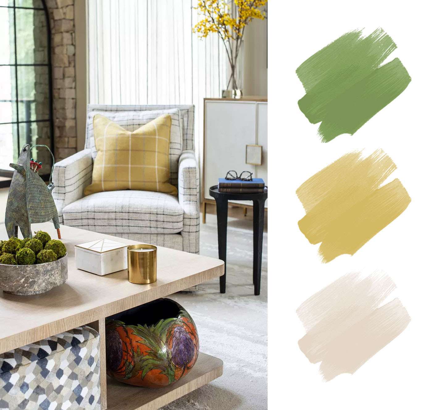 最好的大地色调调色板-绿色、黄色和米色的传统客厅