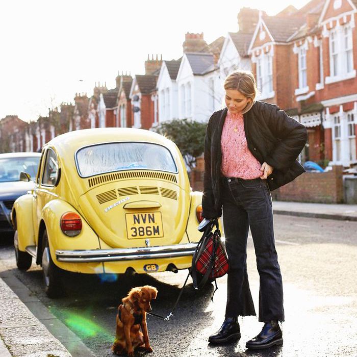 一个女人在遛狗