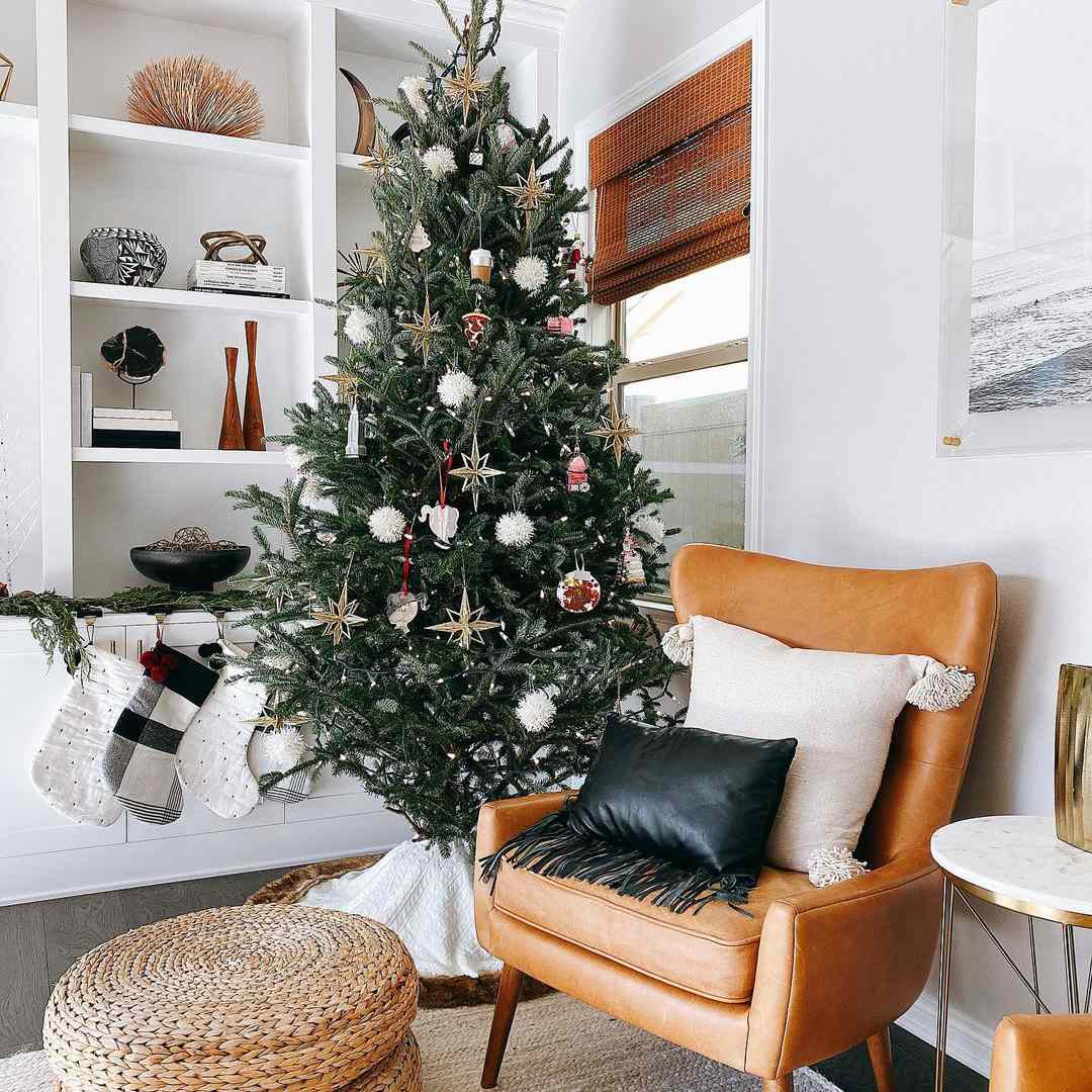 皮椅旁边的树。