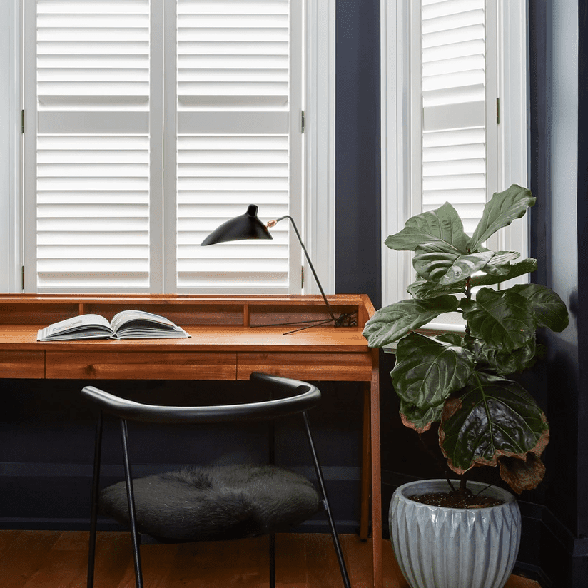 与靛蓝墙壁，白色窗户和一台木桌的家庭办公室